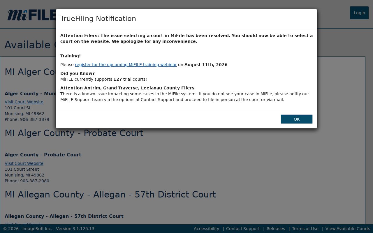 Iosco County civil court docket MiFILE available-courts index