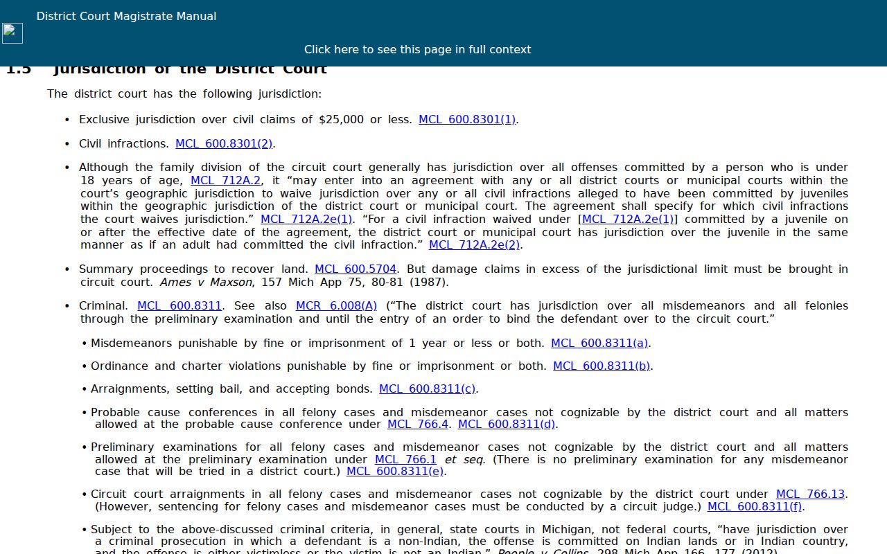 Iosco County civil court docket District Court jurisdiction guidance
