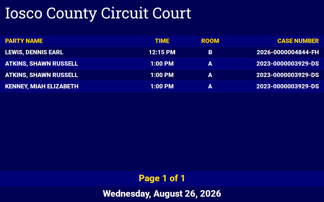 Iosco County court schedule showing a masked Circuit calendar layout