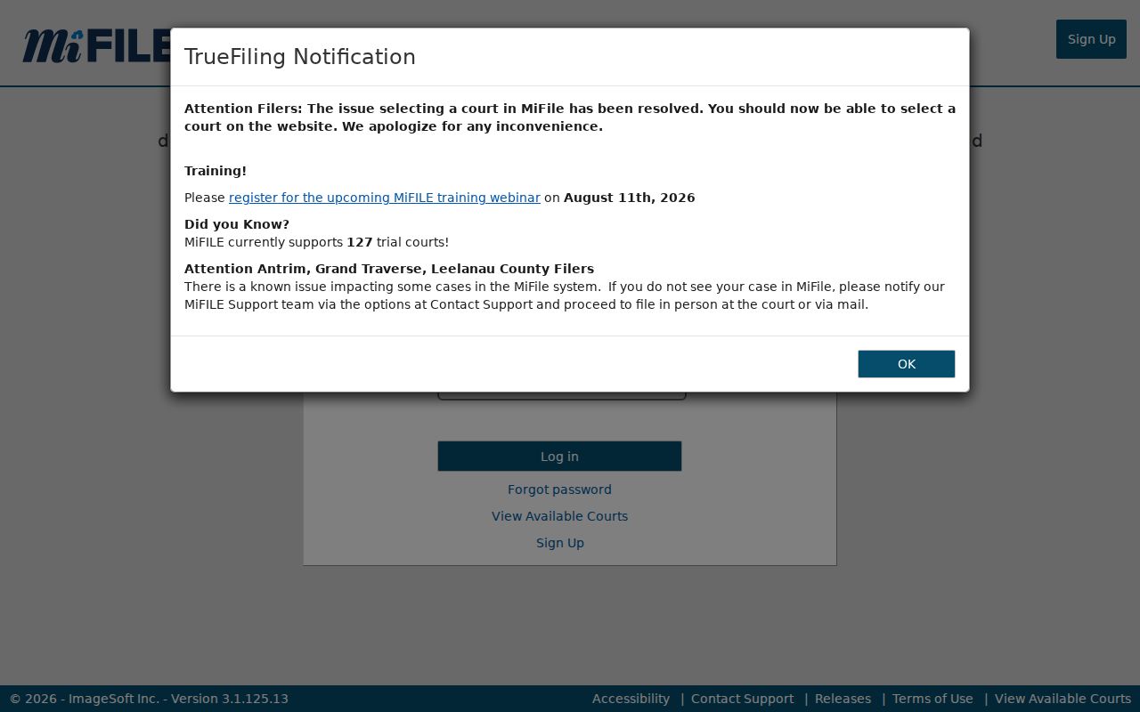 Iosco County docket search context showing Michigan electronic filing access