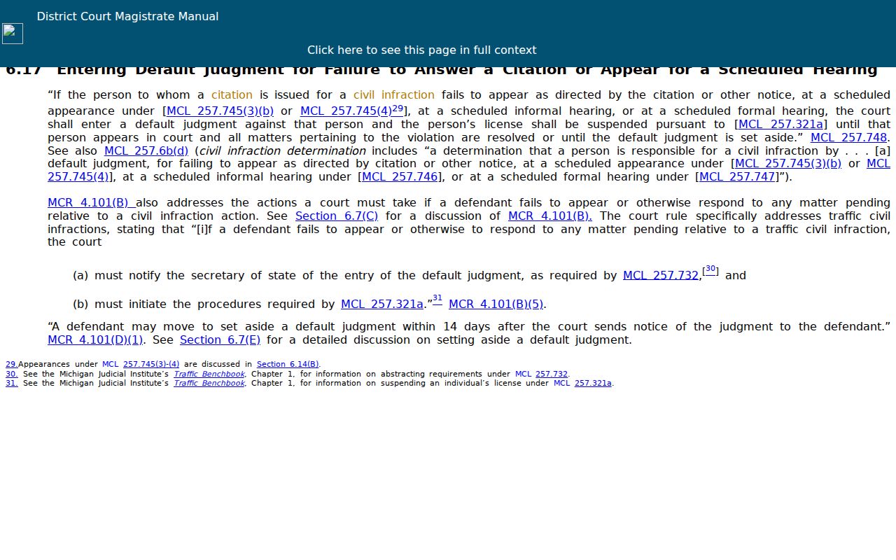 Iosco County traffic court record civil-infraction default guidance